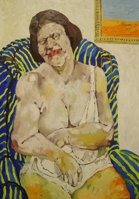 Adriano Petrucci, modella in posa su poltrona,olio e acrilico su tela,cm 80 x 100 cm, 2008